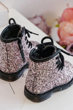 Dziecięce Brokatowe Botki Ocieplane z Suwakiem Różowe Saussa Dzieci Dziewczęce