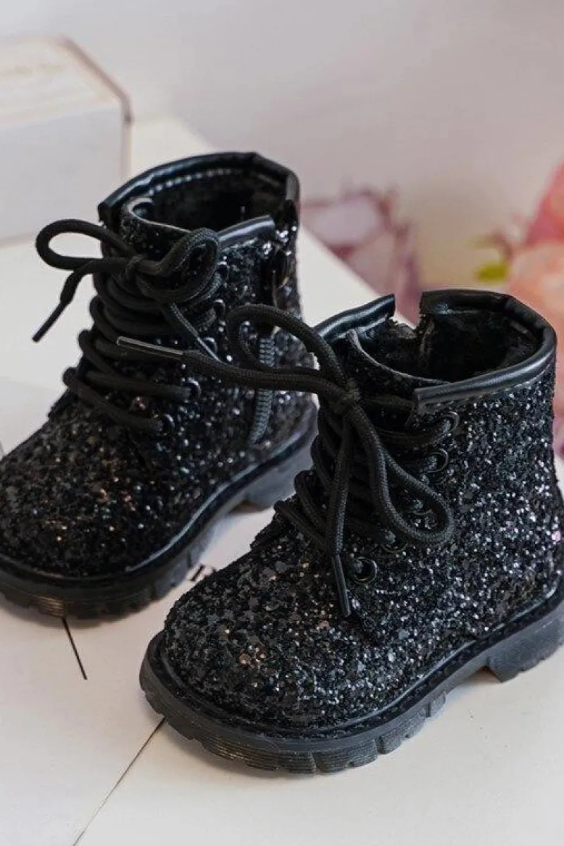 Clearance Boto Dziecięce Brokatowe Botki Ocieplane z Suwakiem Czarne Saussa Czarny