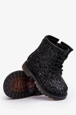 Clearance Boto Dziecięce Brokatowe Botki Ocieplane z Suwakiem Czarne Saussa Czarny