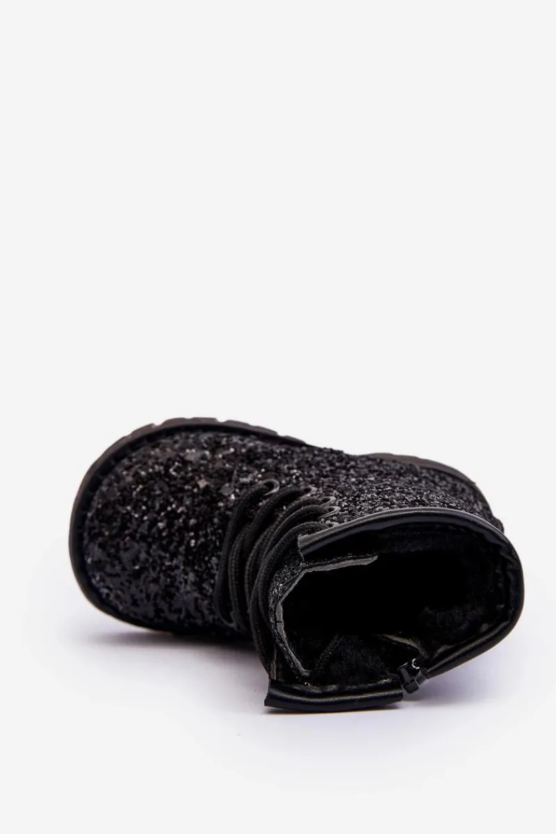Clearance Boto Dziecięce Brokatowe Botki Ocieplane z Suwakiem Czarne Saussa Czarny