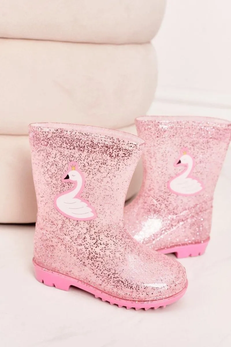 Outlet Boto Dziecięce Brokatowe Kalosze Z Łabędziem Różowe