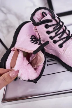 Dziewczęce></noscript>Boto Dziecięce Brokatowe Ocieplane Botki Traperki Różowe Ariel