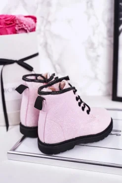 Dziewczęce></noscript>Boto Dziecięce Brokatowe Ocieplane Botki Traperki Różowe Ariel