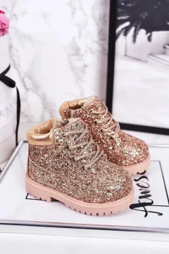 Sale Dziecięce Brokatowe Ocieplane Botki Traperki Różowe Złoto Mermaid Dzieci Dziewczęce