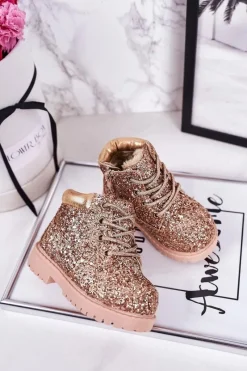 Sale Dziecięce Brokatowe Ocieplane Botki Traperki Różowe Złoto Mermaid Dzieci Dziewczęce