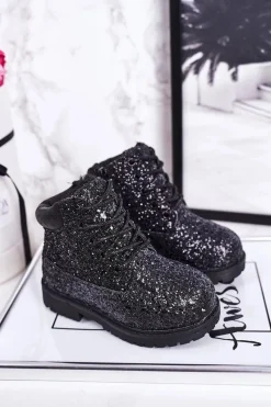 Dziewczęce>Boto Dziecięce Brokatowe Ocieplane Botki Traperki Czarne Mermaid