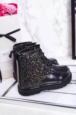 Discount Dziecięce Brokatowe Ocieplane Botki Traperki Czarne Ariel Dzieci Dziewczęce