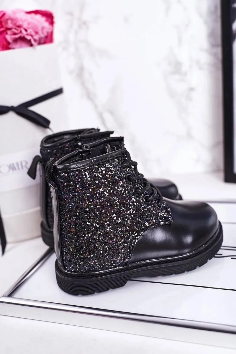 Discount Dziecięce Brokatowe Ocieplane Botki Traperki Czarne Ariel Dzieci Dziewczęce