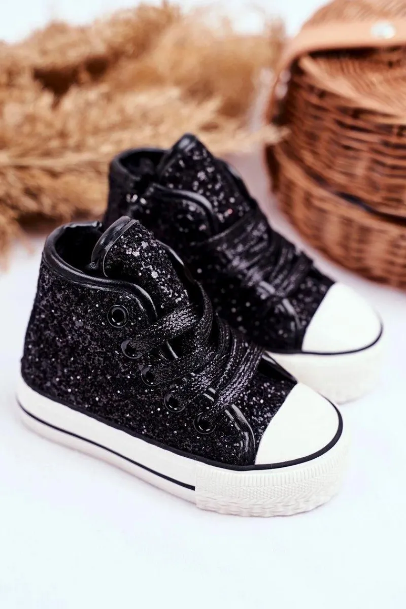 Hot Dziecięce Brokatowe Trampki Czarne Ally Dzieci Dziewczęce