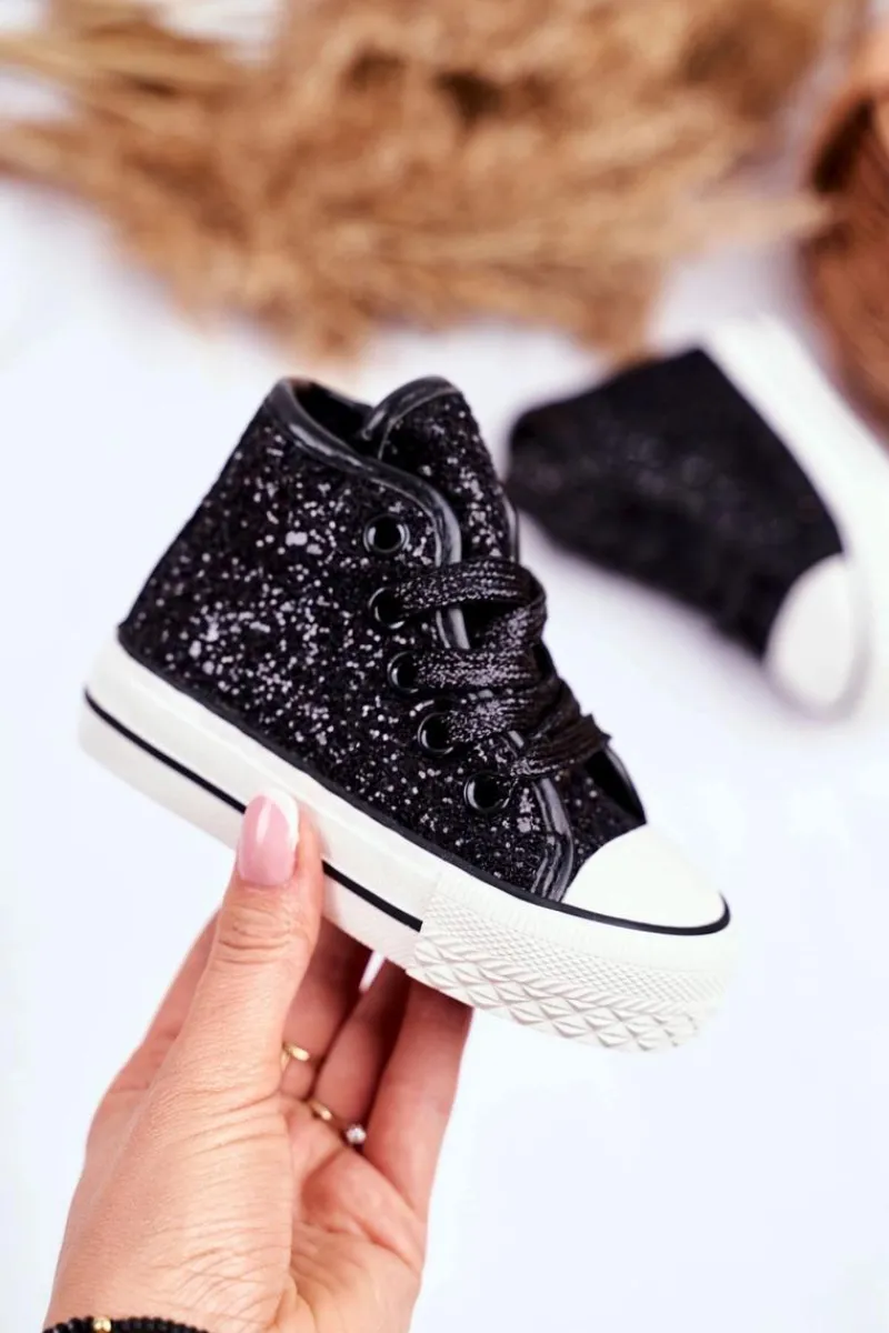 Hot Dziecięce Brokatowe Trampki Czarne Ally Dzieci Dziewczęce