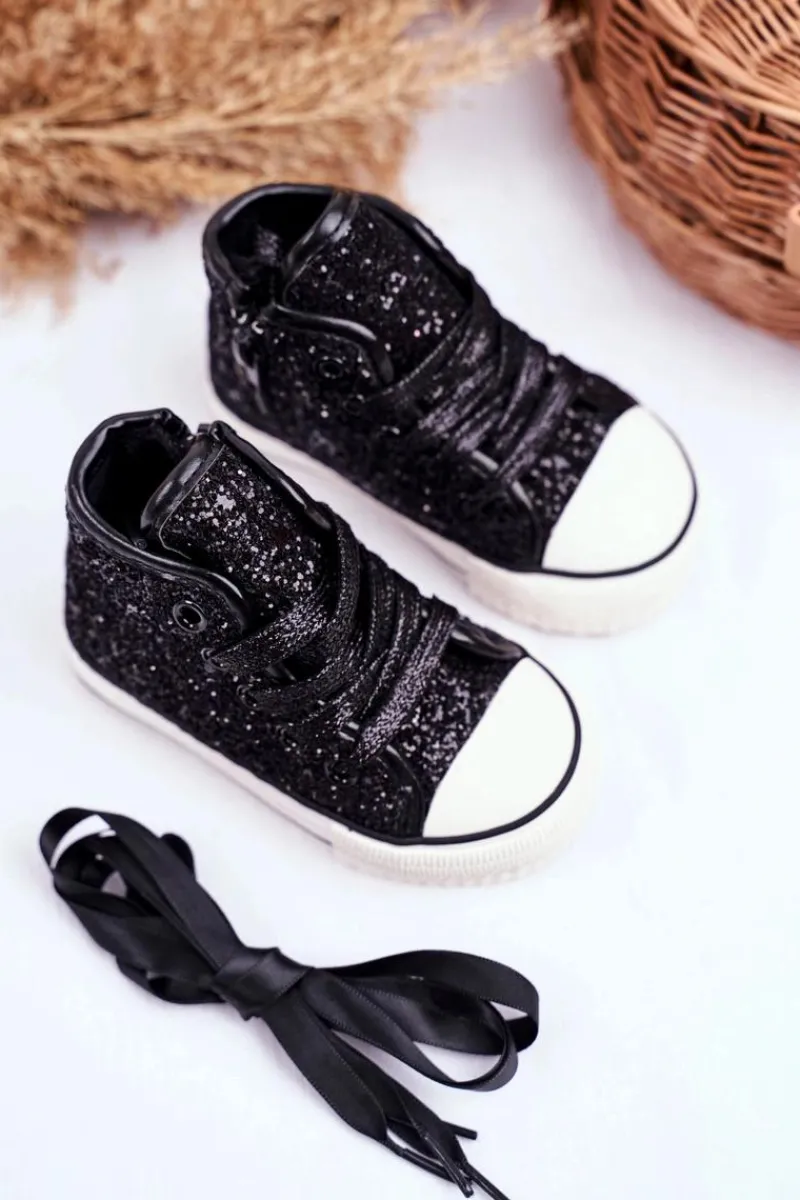 Hot Dziecięce Brokatowe Trampki Czarne Ally Dzieci Dziewczęce