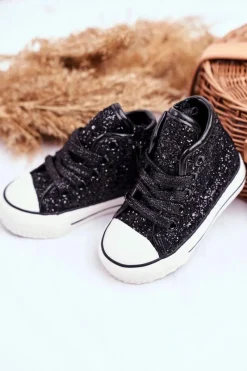 Hot Dziecięce Brokatowe Trampki Czarne Ally Dzieci Dziewczęce