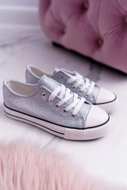 Outlet Boto Dziecięce Brokatowe Trampki Srebrne Misty