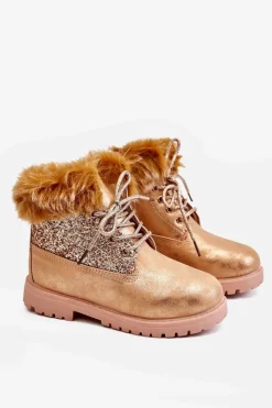 Dziewczęce>Boto Dziecięce Błyszczące Botki Traperki Ocieplane Złote Brema