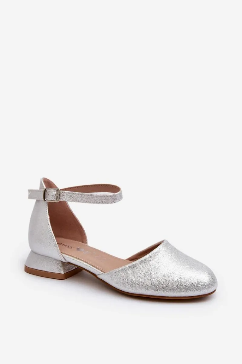New Dziecięce Błyszczące Sandałki Na Niskim Obcasie Srebrne Nelly Dzieci Dziewczęce