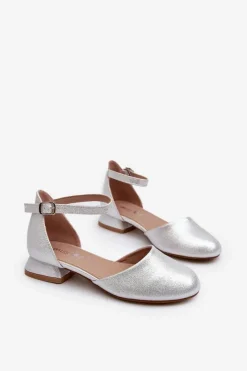 New Dziecięce Błyszczące Sandałki Na Niskim Obcasie Srebrne Nelly Dzieci Dziewczęce