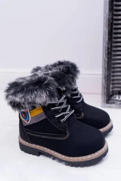 Outlet Dziecięce Chłopięce Botki Ocieplane Futerkiem Trapery Czarne Cobi Dzieci Chłopięce