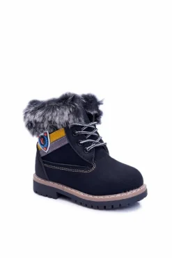 Outlet Dziecięce Chłopięce Botki Ocieplane Futerkiem Trapery Czarne Cobi Dzieci Chłopięce