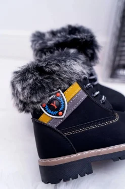 Outlet Dziecięce Chłopięce Botki Ocieplane Futerkiem Trapery Czarne Cobi Dzieci Chłopięce