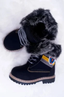 Outlet Dziecięce Chłopięce Botki Ocieplane Futerkiem Trapery Czarne Cobi Dzieci Chłopięce