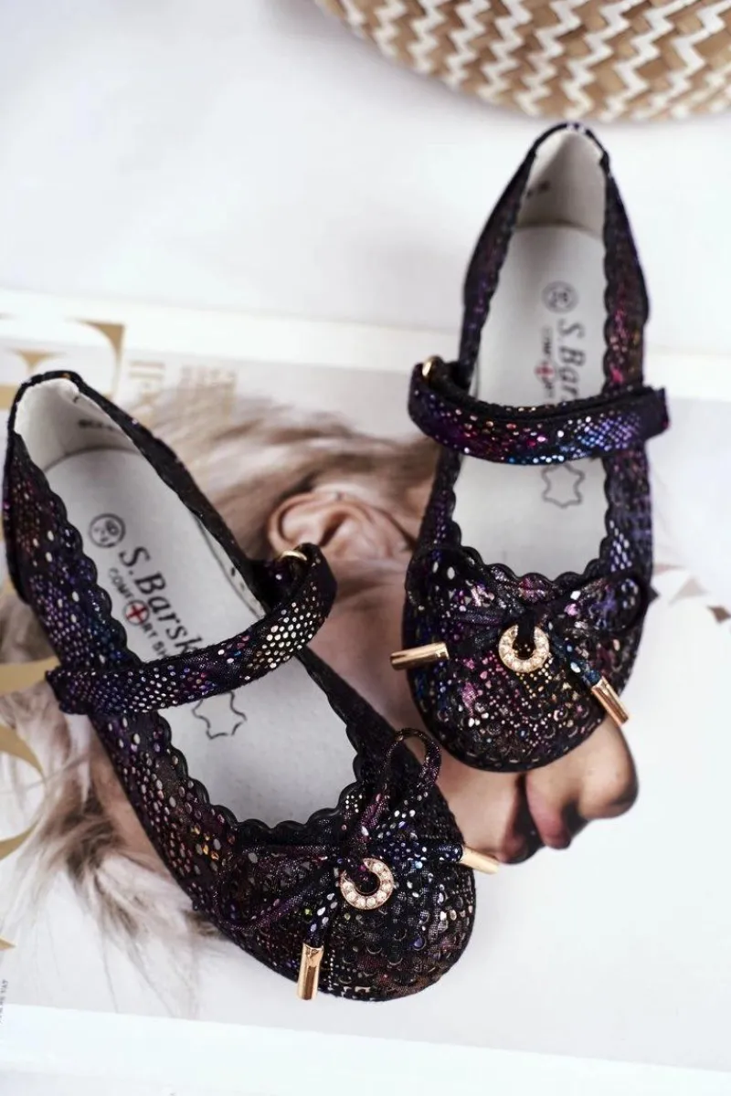 Balerinki Dziecięce>Damskie buty S.Barski Dziecięce Czarne Ażurowe Balerinki na Rzep Barski Remtro