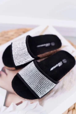 Clearance Dziecięce Czarne Klapki Na Korku Kryształki Malena Dzieci Dziewczęce