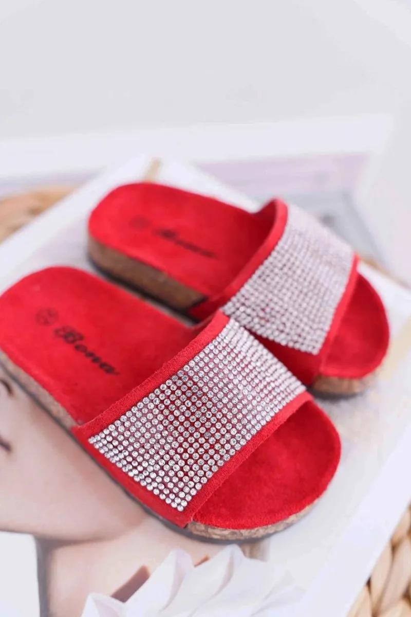 Dziewczęce>Boto Dziecięce Czerwone Klapki Na Korku Kryształki Malena