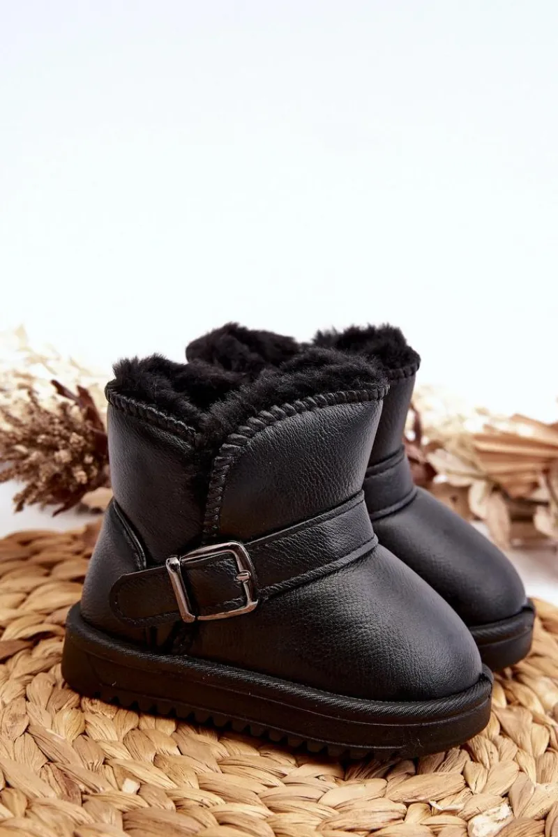 Hot Boto Dziecięce Eko Skórzane Śniegowce Z Paskiem Czarne Orinor Czarny