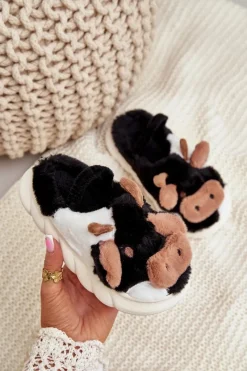 Chłopięce|Dziewczęce>Boto Dziecięce Futrzane Kapcie Z Motywem Krowy Czarne Tamorrin Czarny