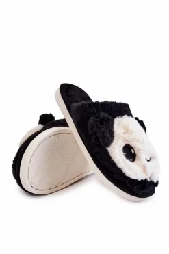 Hot Dziecięce Futrzane Wsuwane Papcie Czarne Alize Dzieci Dziewczęce