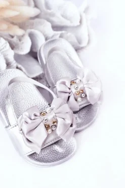 Discount Dziecięce Gumowe Klapki Z Kokardką Srebrne Senari Dzieci Dziewczęce
