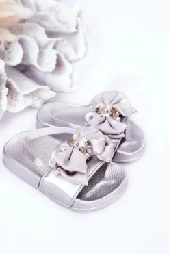 Discount Dziecięce Gumowe Klapki Z Kokardką Srebrne Senari Dzieci Dziewczęce