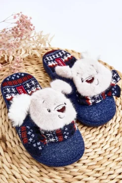 New Dziecięce Kapcie Na Grubej Podeszwie z Misiem Granatowe Dasca Dzieci Dziewczęce|Back To School