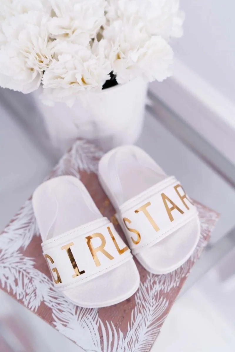 Discount Dziecięce Klapki Dziewczęce Złoty Napis Girl Star Białe Bambi Dzieci Dziewczęce