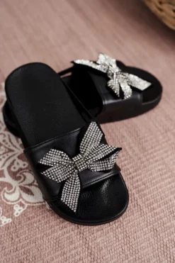 Online Dziecięce Klapki Dziewczęce Czarne Cyrkonie Kokardka Jomoga Dzieci Dziewczęce