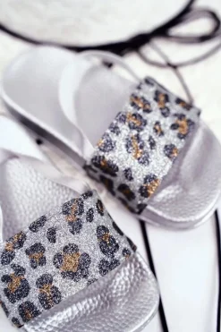 Clearance Boto Dziecięce Klapki Dziewczęce Brokat Leopard Srebrne Rimia