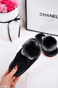 Online Boto Dziecięce Klapki Papcie Z Pomponem Czarne Cinderella