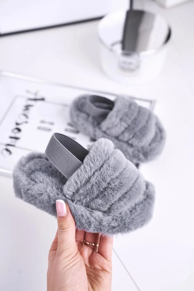 Discount Boto Dziecięce klapki z futerkiem i gumką szare Fluffy