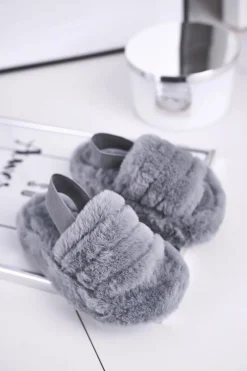 Discount Boto Dziecięce klapki z futerkiem i gumką szare Fluffy