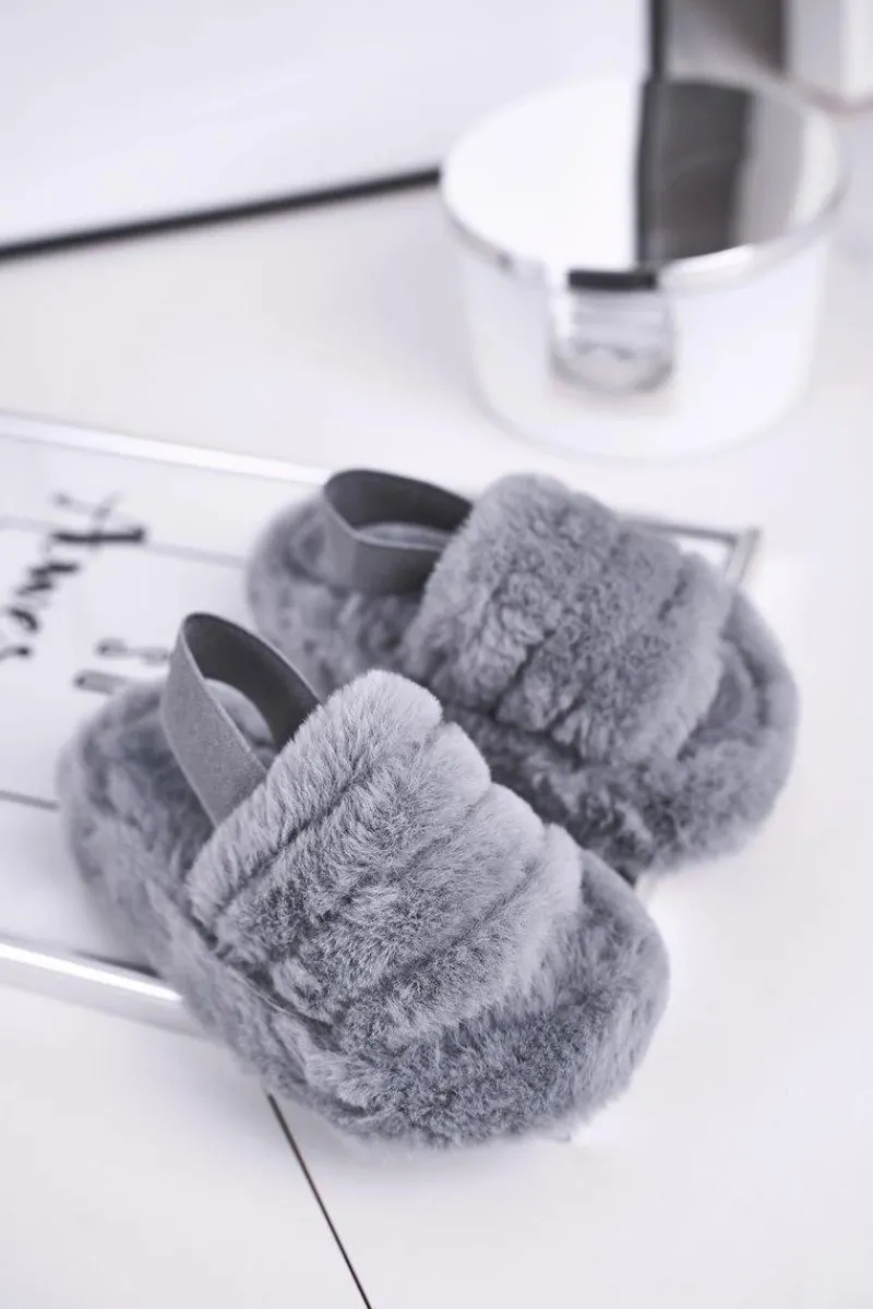 Discount Boto Dziecięce klapki z futerkiem i gumką szare Fluffy