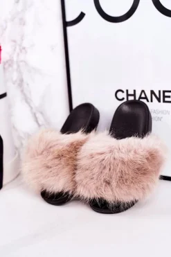 Discount Dziecięce Klapki Z Futerkiem Beżowe Fashionista Damskie Dziewczęce|Klapki Z Futerkiem