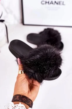 Hot Dziecięce Klapki Z Futerkiem Czarne Fashionista Damskie Dziewczęce|Klapki Z Futerkiem