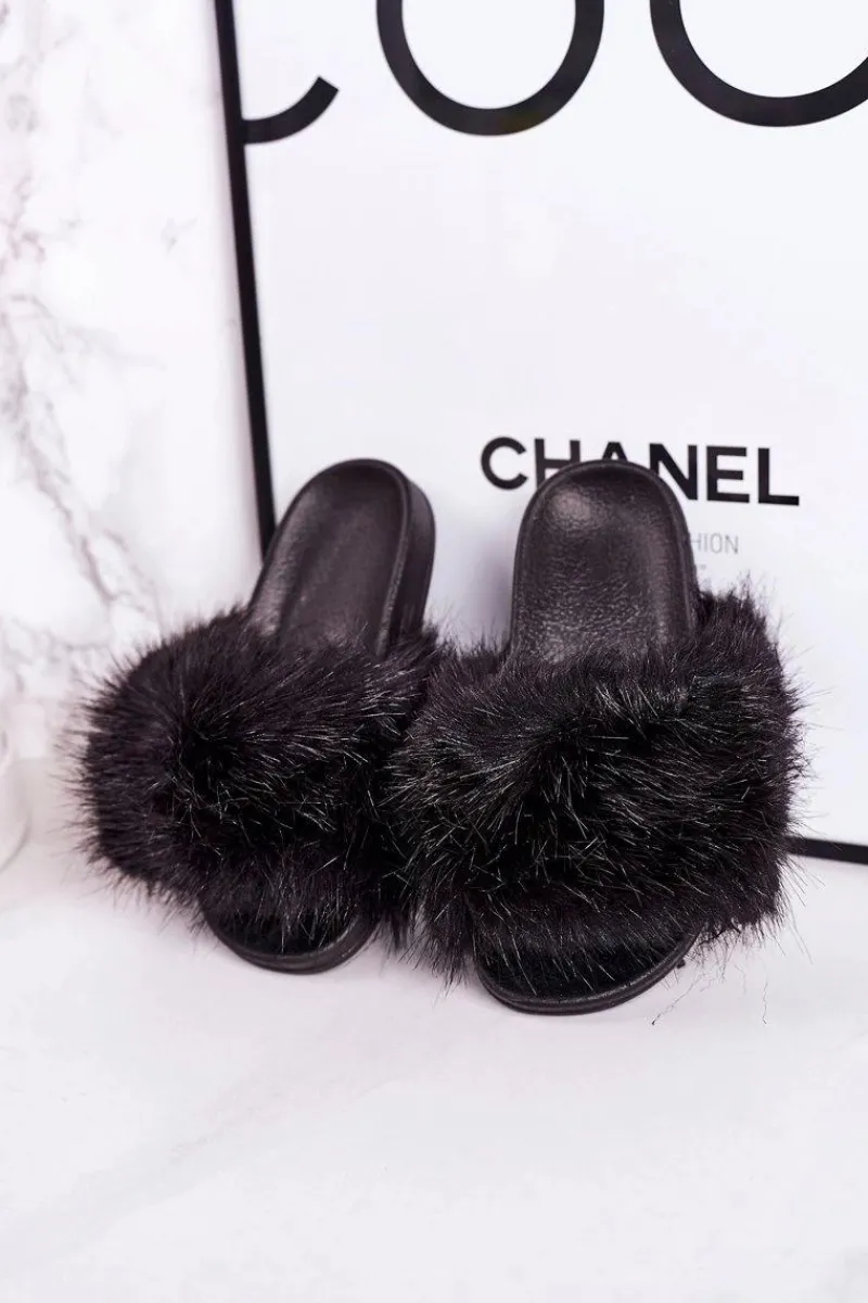Hot Dziecięce Klapki Z Futerkiem Czarne Fashionista Damskie Dziewczęce|Klapki Z Futerkiem