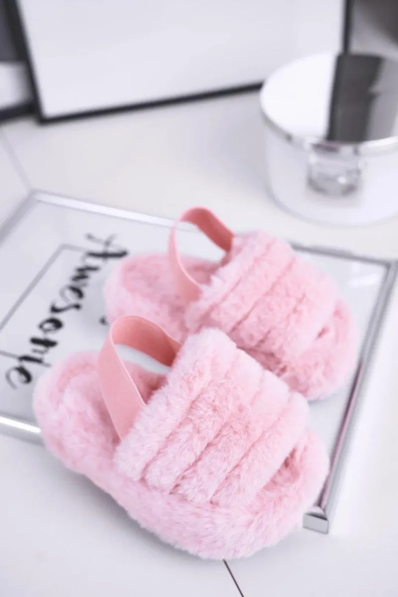 Best Dziecięce klapki z futerkiem i gumką różowe Fluffy Damskie Dziewczęce|Klapki Z Futerkiem