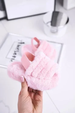 Best Dziecięce klapki z futerkiem i gumką różowe Fluffy Damskie Dziewczęce|Klapki Z Futerkiem