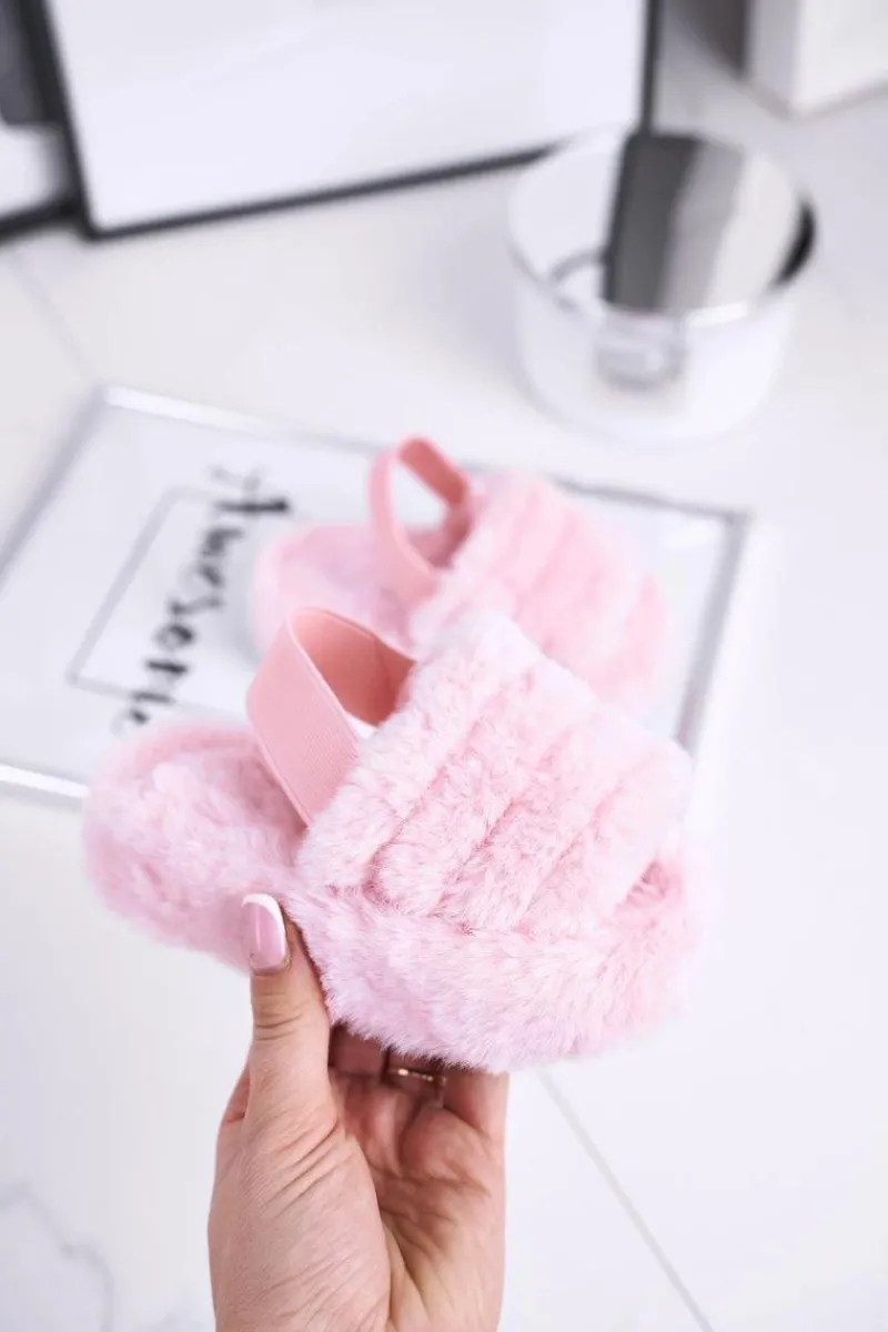 Best Dziecięce klapki z futerkiem i gumką różowe Fluffy Damskie Dziewczęce|Klapki Z Futerkiem