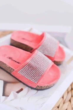 Clearance Boto Dziecięce Koralowe Klapki Na Korku Kryształki Malena