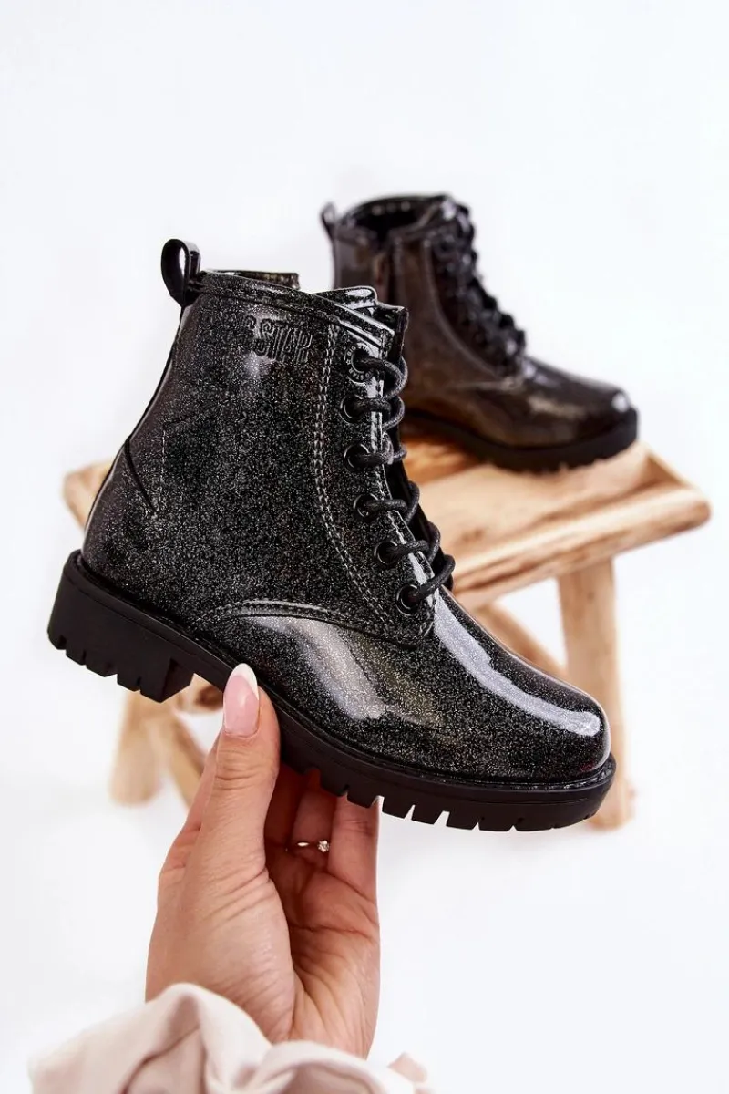 Best Big Star Shoes Dziecięce Lakierowane Ocieplane Botki Big Star II374047 Czarno-Srebrne