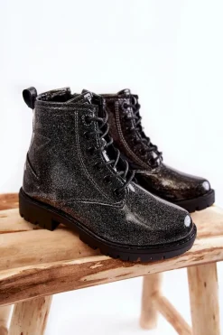 Best Big Star Shoes Dziecięce Lakierowane Ocieplane Botki Big Star II374047 Czarno-Srebrne