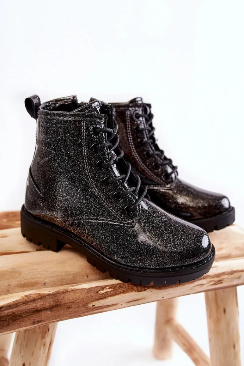 Best Big Star Shoes Dziecięce Lakierowane Ocieplane Botki Big Star II374047 Czarno-Srebrne